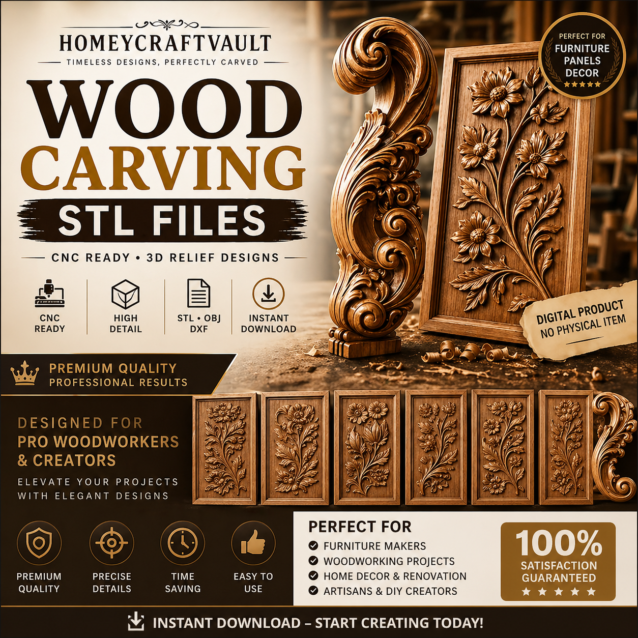Premium 3D Wood Carving STL Files for CNC - Relief Floral Panels & Furniture Decor Digital Pack